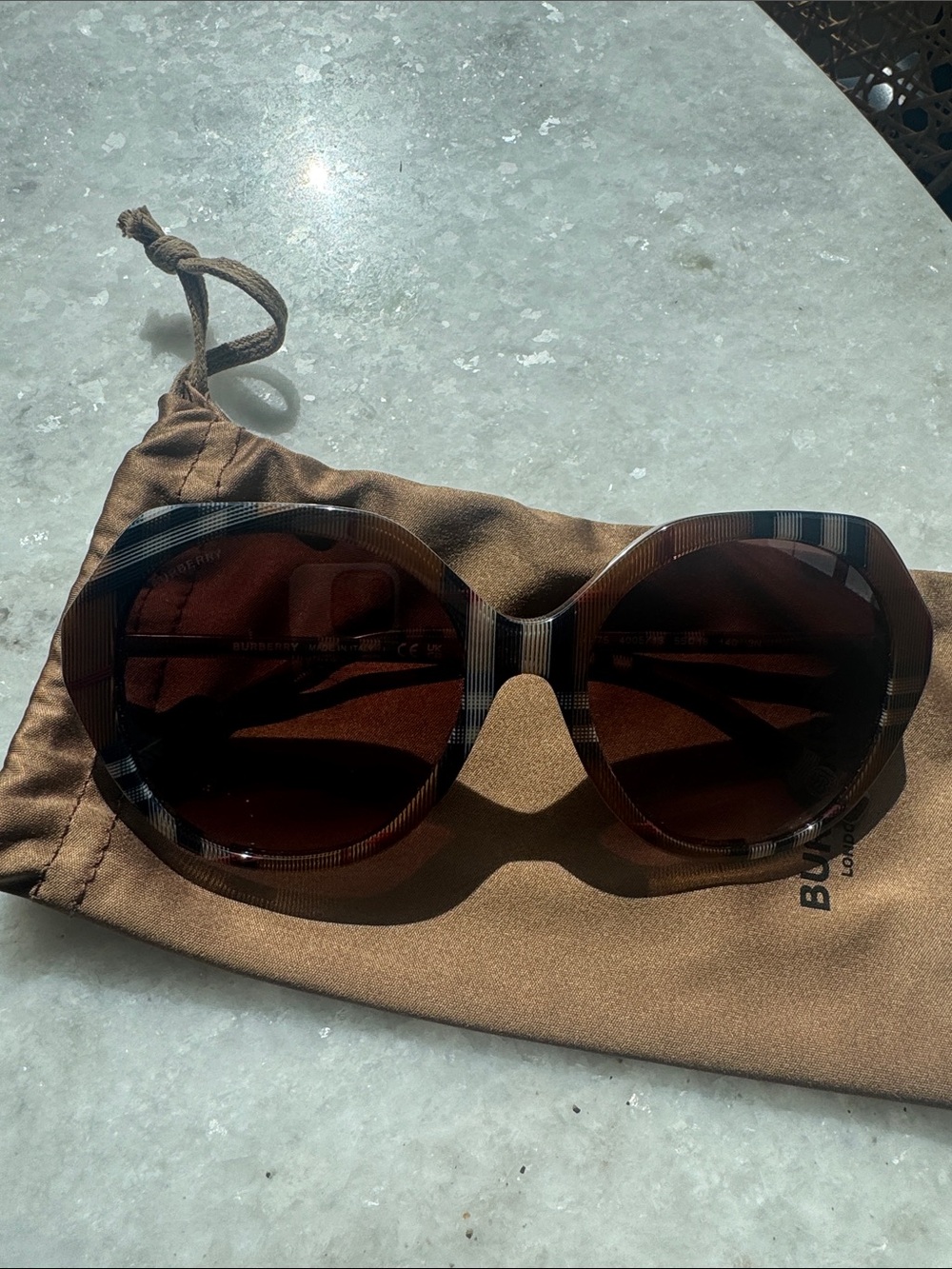 Burberry Brown Plaid 55m Round Sunglasses